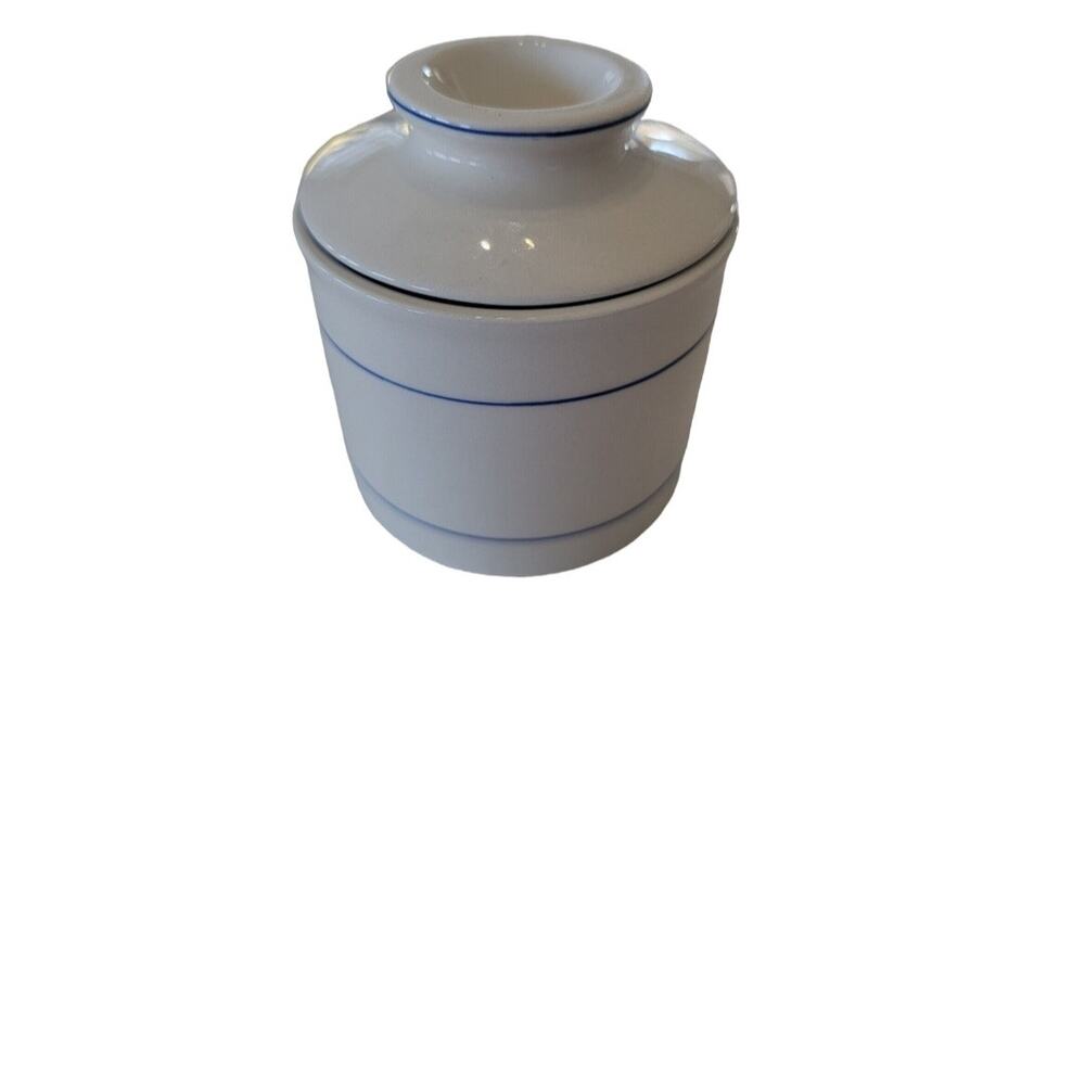 Vintage Pottery Stoneware Butter Keeper Blue Trimmed Ivory NEW IN BOX